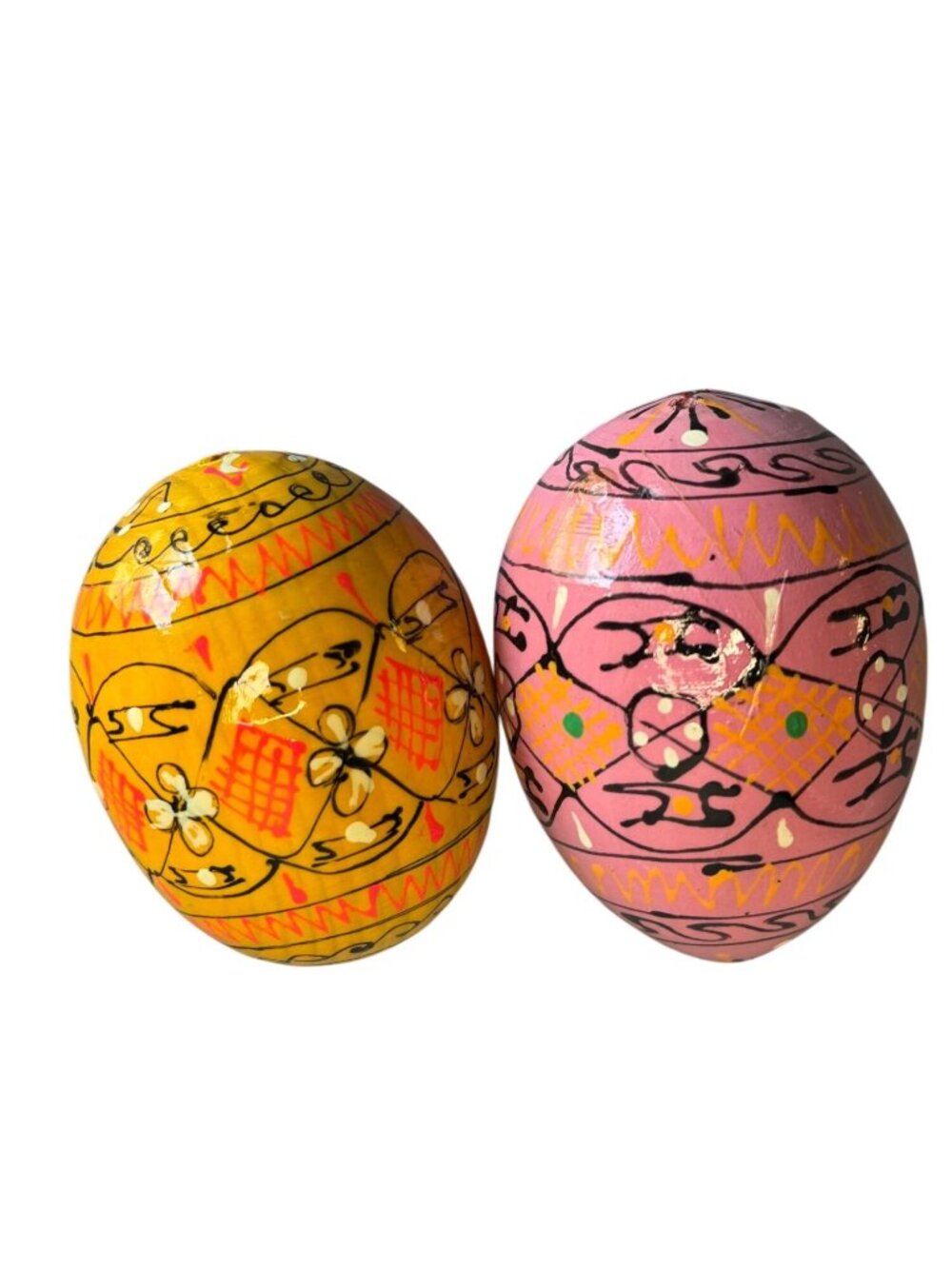 Hand Painted Blown Eggshell Easter Eggs Folk Art Pink Yellow 2.5" Set Of 2 - Picture 2 of 5